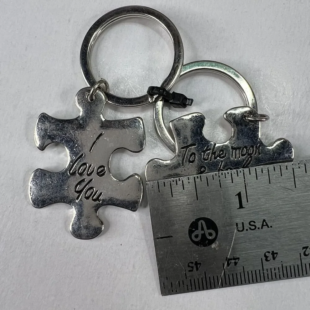 Vintage I Love You To The Moon & Back His and Her Keychain Puzzle Pieces 1.5